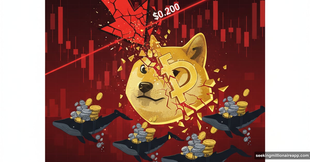 Dogecoin crashing below $0.200 as whale silhouettes dump tokens