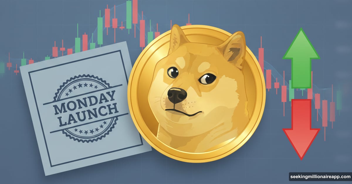 Dogecoin logo centered between ETF launch and opposing price arrows
