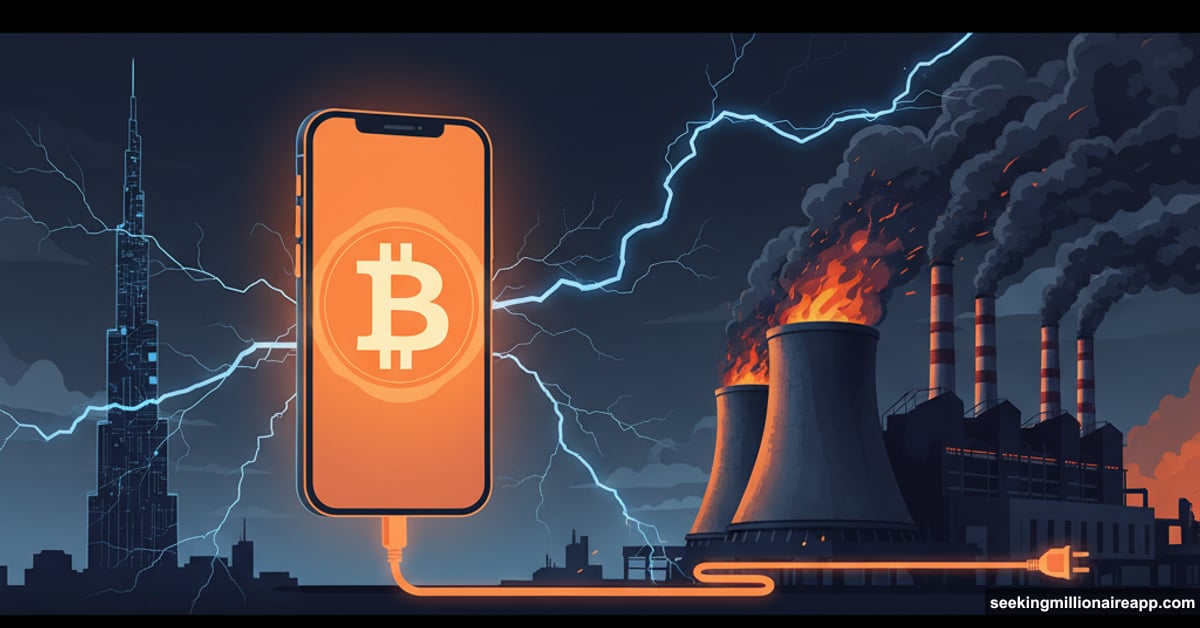 Smartphone mining Bitcoin connected to power plant showing energy consumption