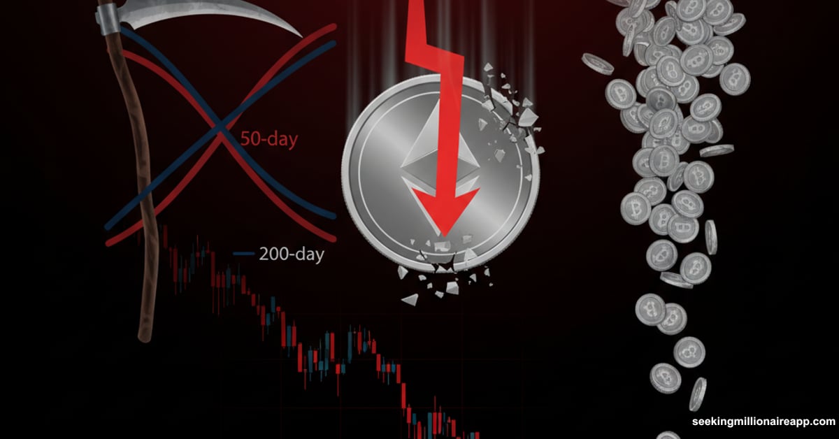 Ethereum coin falling with death cross symbol and cascading sell-off