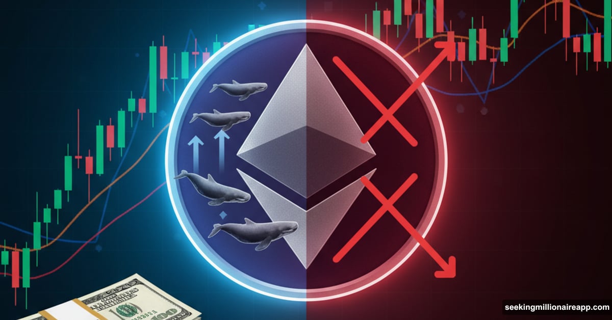 Ethereum coin split showing whale accumulation versus death cross technical pattern