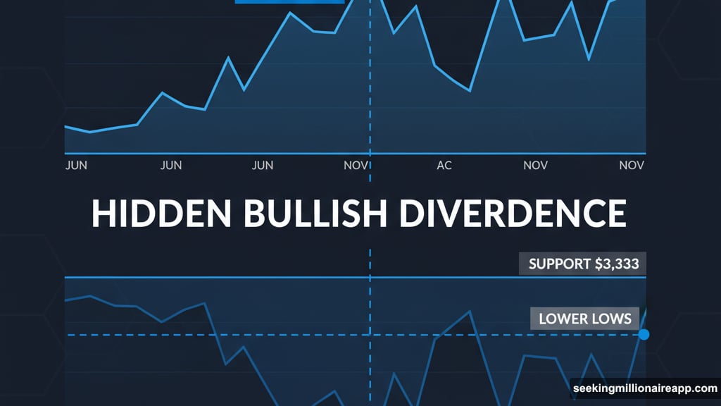 Hidden bullish divergence between price and RSI momentum indicator