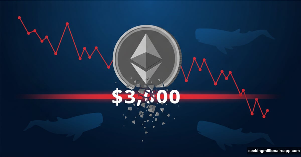 Ethereum coin breaking below $3,000 support as whale silhouettes swim away