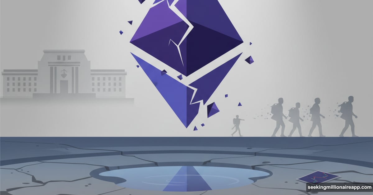 Cracked Ethereum logo over drained liquidity pool with departing market makers