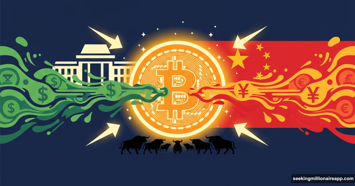 Bitcoin glowing center with Fed and China money flowing inward