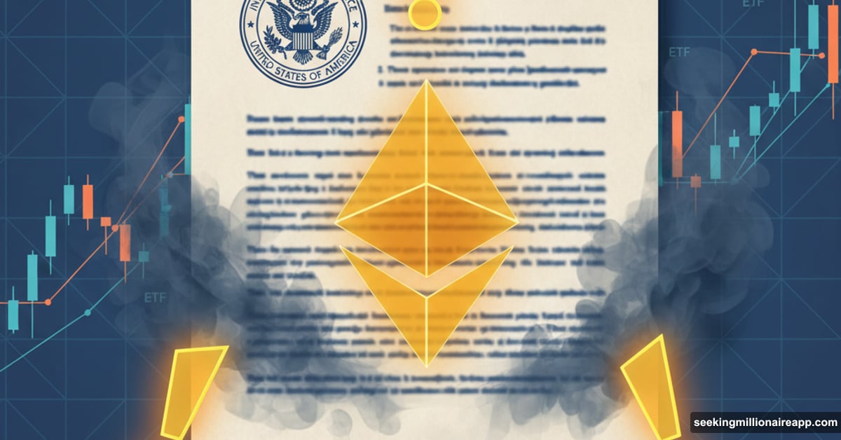 IRS document overlapping Ethereum coin with three hidden warning symbols