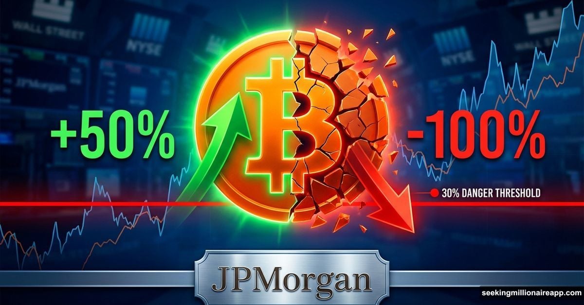 Bitcoin split showing 50% gain versus total loss JPMorgan product