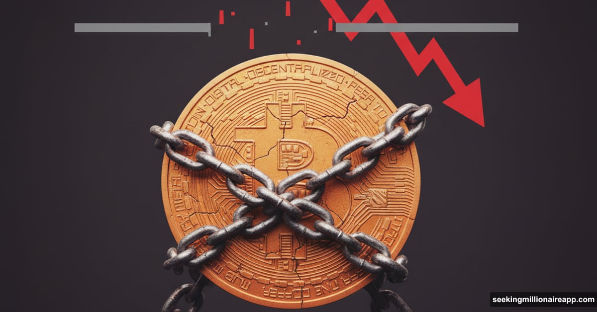 Bitcoin coin wrapped in heavy chains sinking below critical debt line