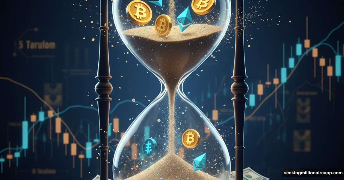 Hourglass with Bitcoin and Ethereum symbols expiring over five billion dollars
