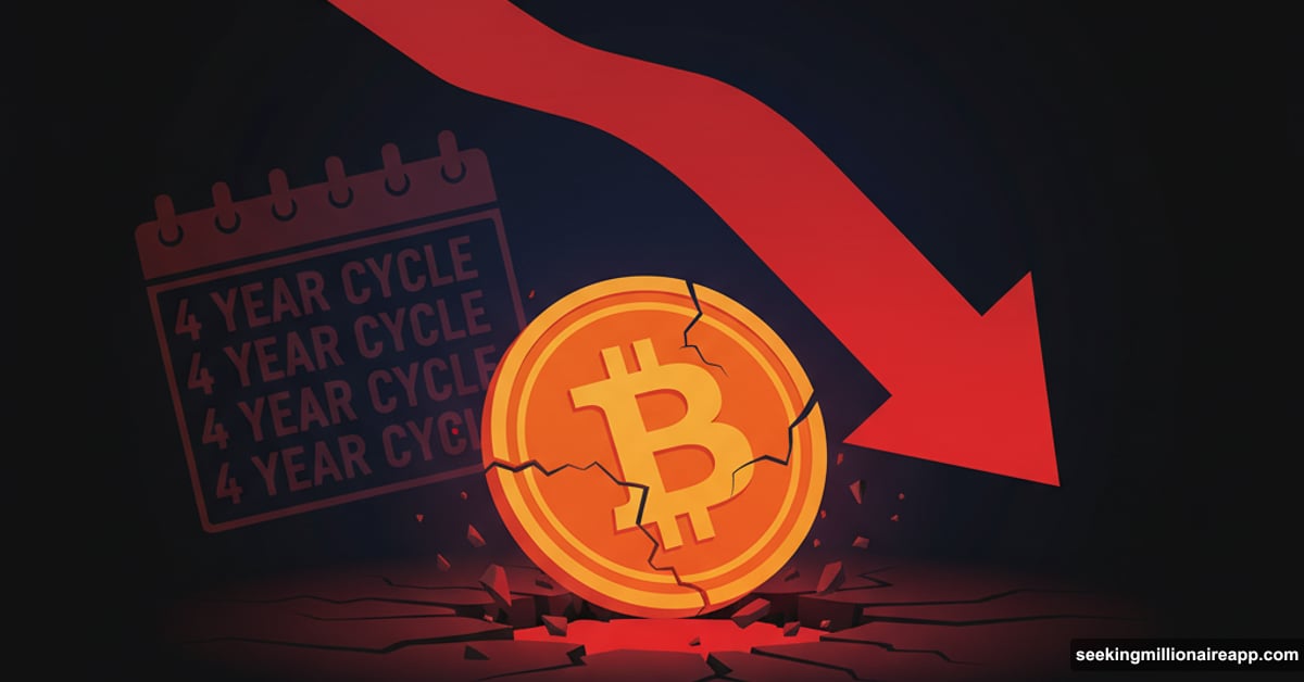 Bitcoin coin breaking downward through floor with red bearish arrow