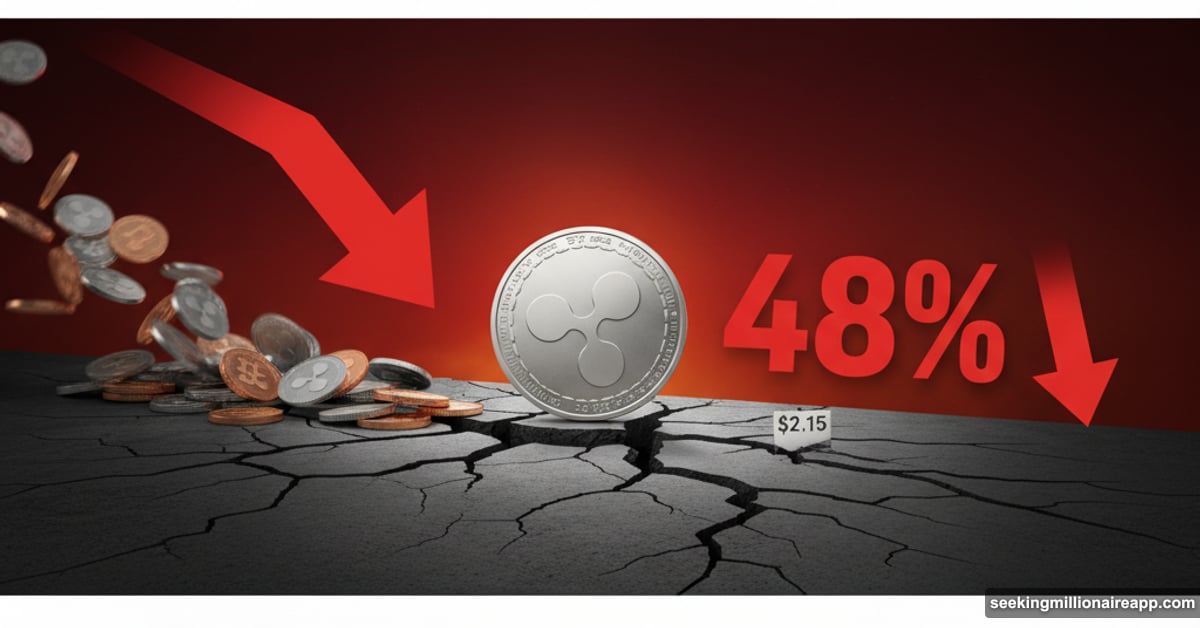 XRP coin on cracking floor with falling prices and selling pressure