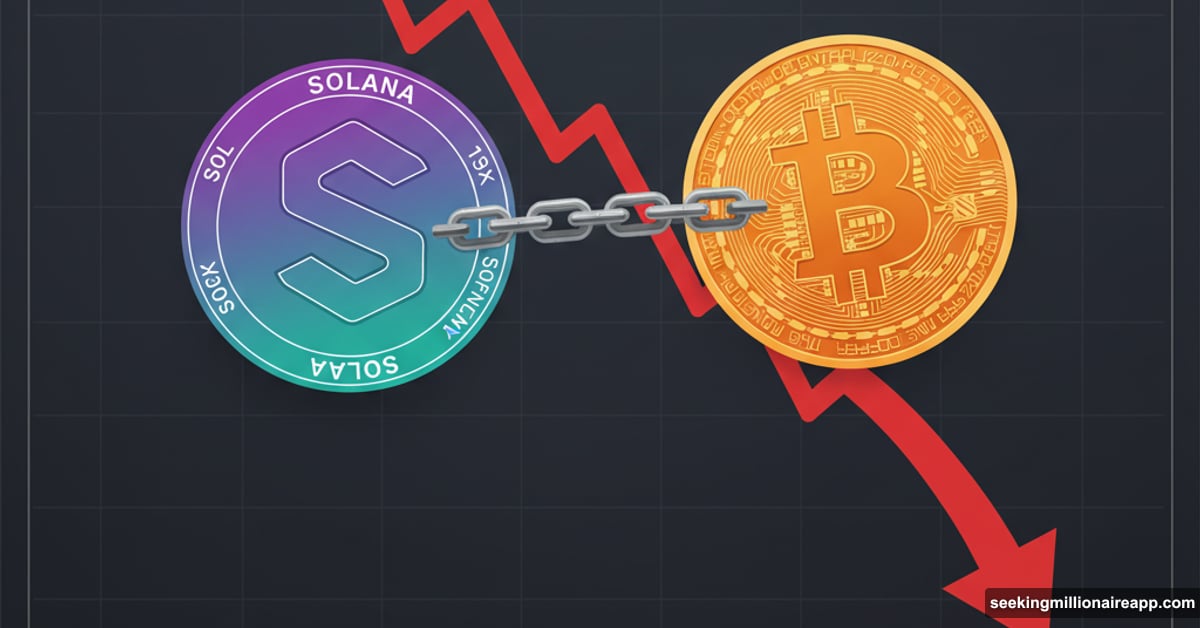 Solana cryptocurrency coin chained to falling Bitcoin symbolizing correlation