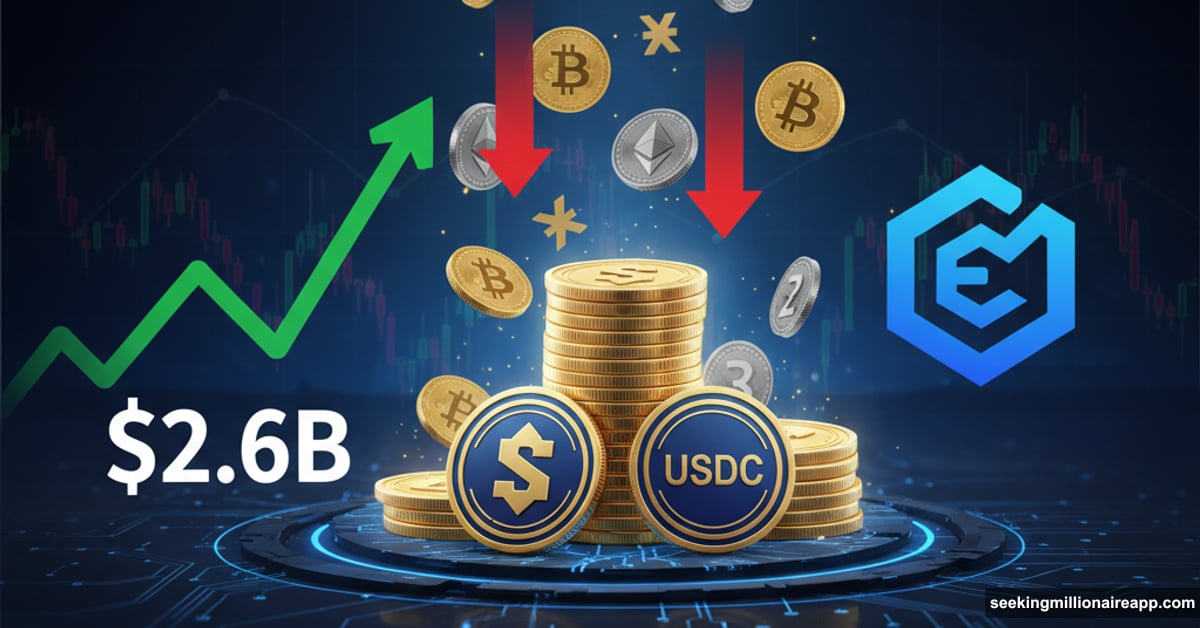 Stablecoin reserves surge while Bitcoin Ethereum crash downward with arrows