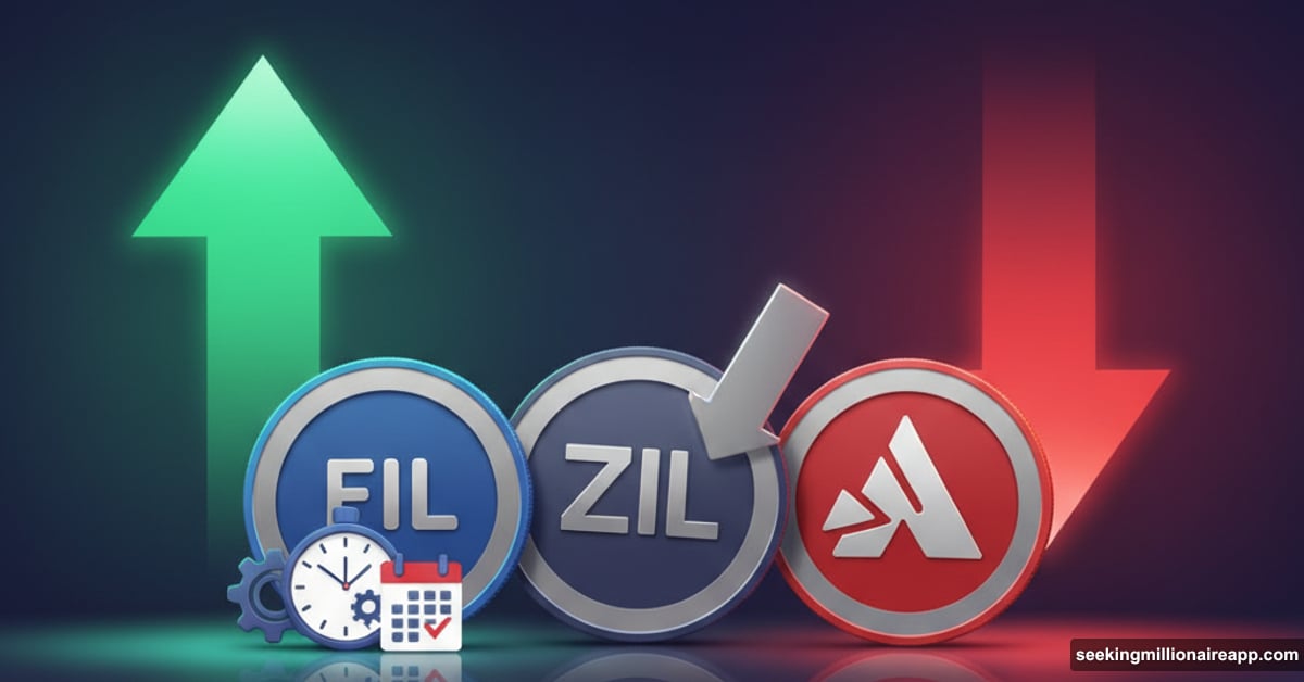 Three altcoin tokens balanced on edge with opposing price arrows