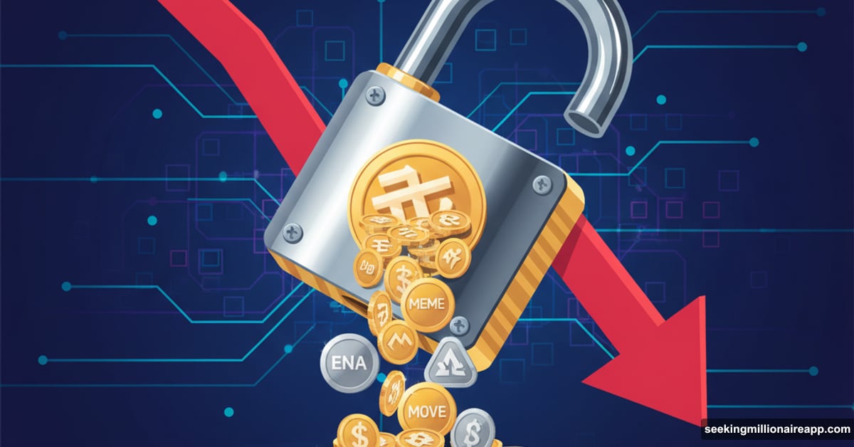 Unlocked padlock releasing cryptocurrency tokens with declining price chart arrow