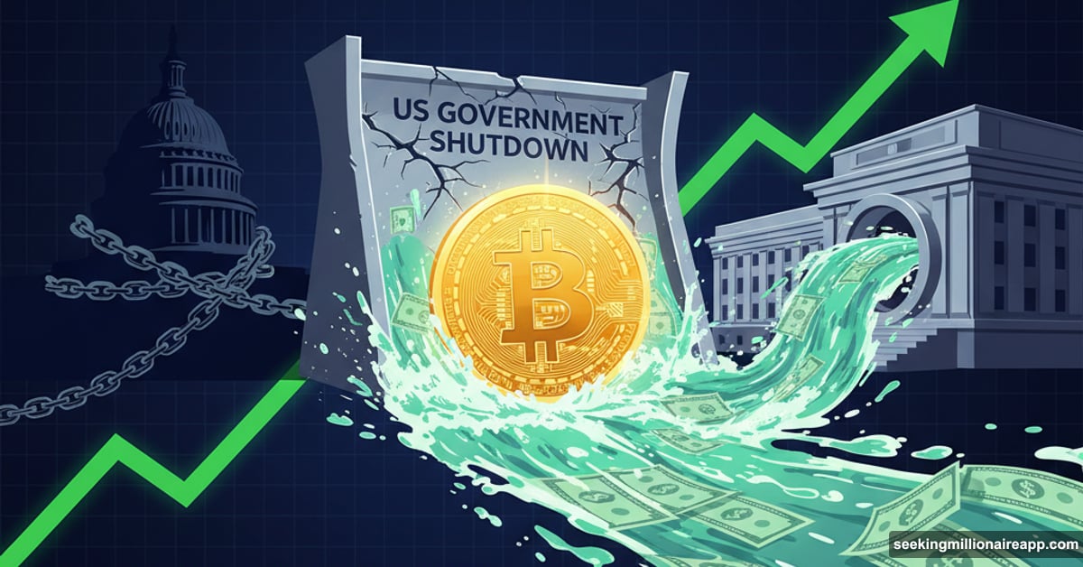 Bitcoin symbol with breaking government shutdown dam releasing cash liquidity
