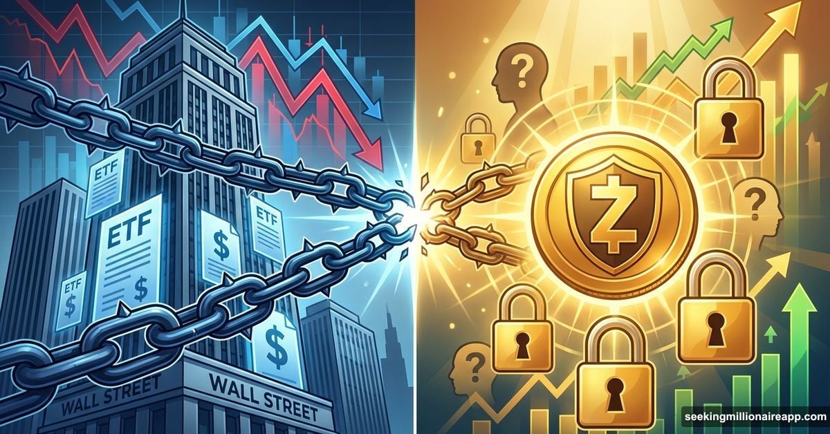 Wall Street chains reaching for glowing Zcash coin protected by privacy shields