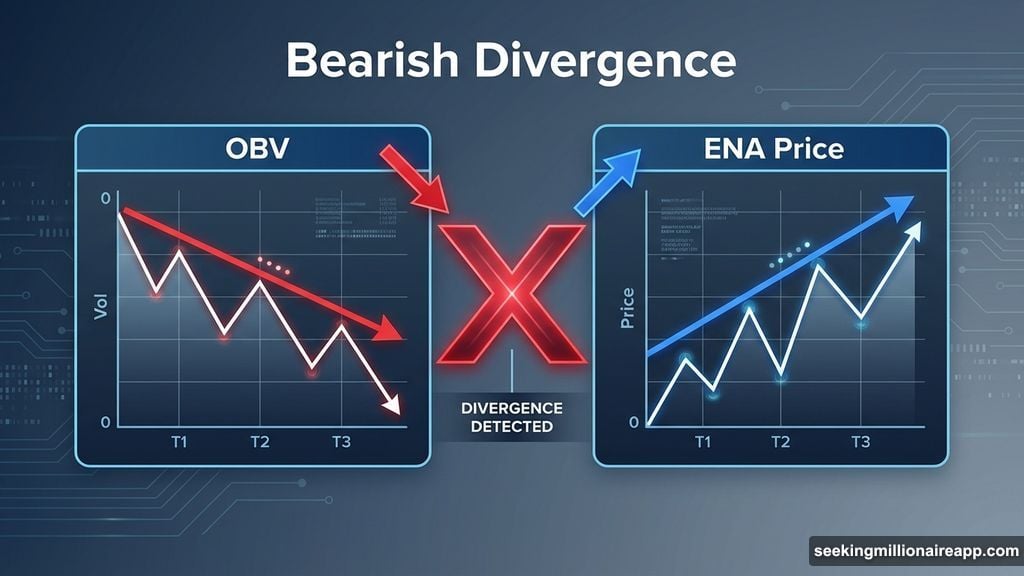 On-Balance Volume divergence shows price rose without buying volume support