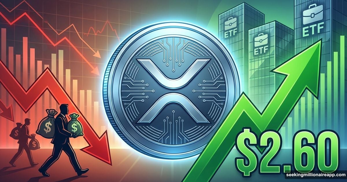 XRP coin between upward price arrow and downward selling pressure symbols