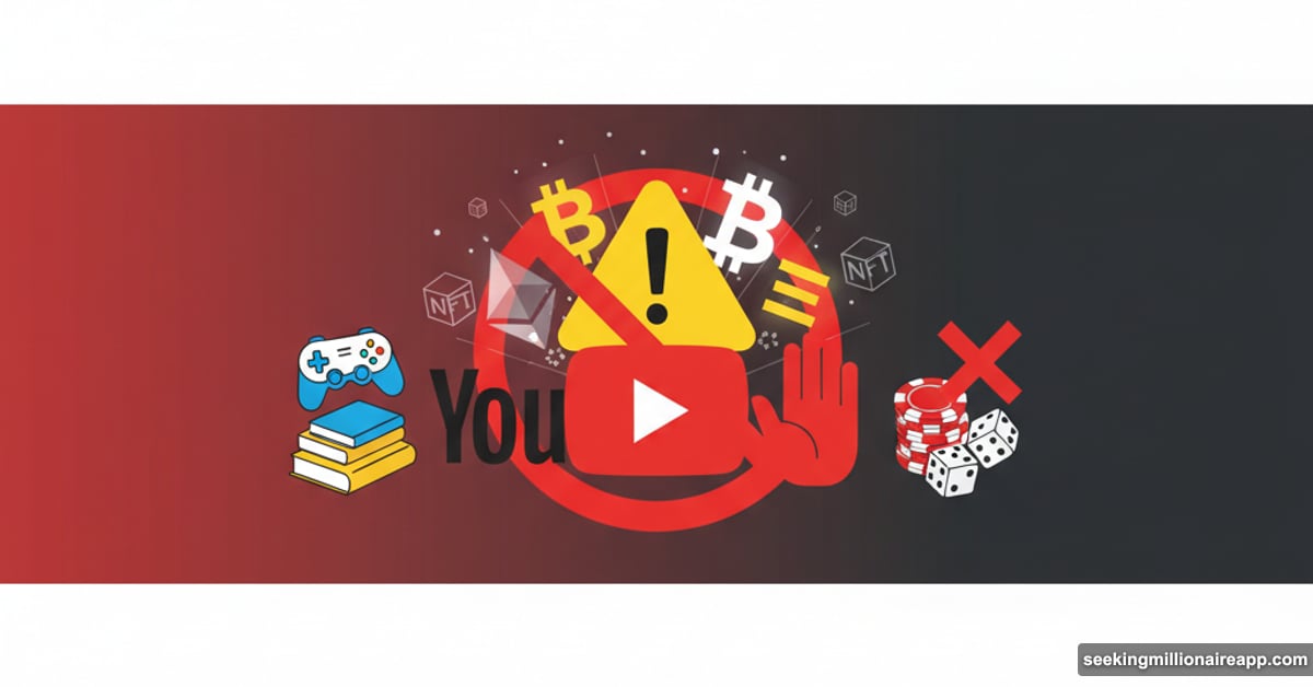 YouTube logo with warning symbol blocking crypto gambling content