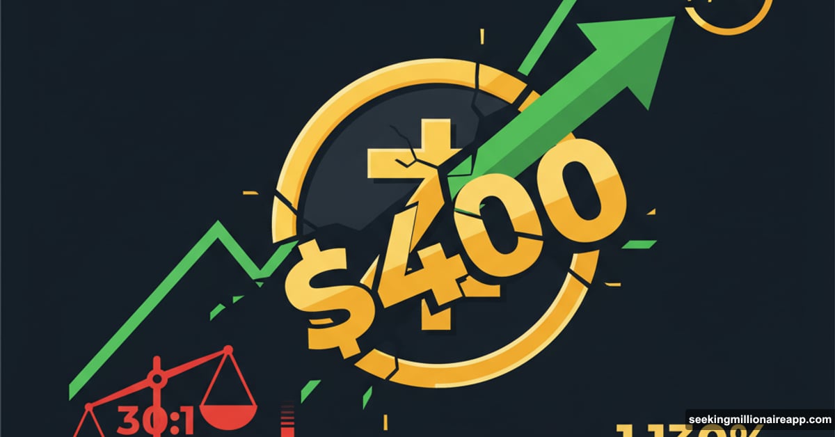 Zcash coin breaking $400 barrier with upward arrow toward $1,500 target