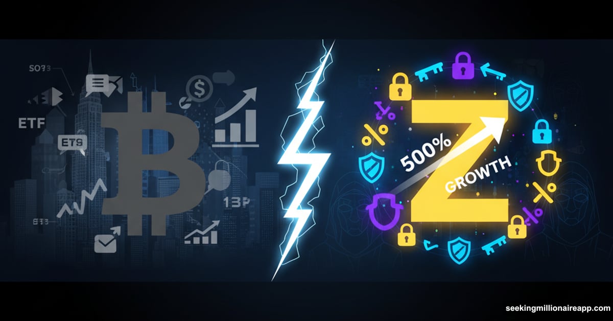 Zcash privacy coin overtaking institutional Bitcoin with shields and encryption symbols