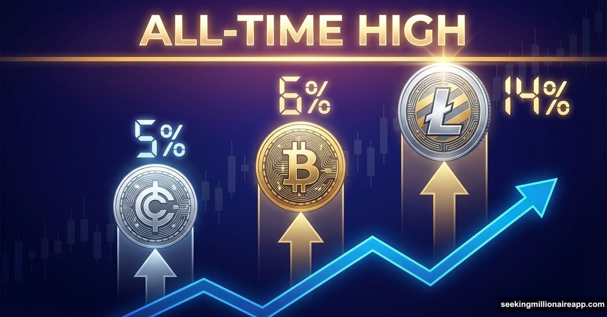 Three altcoin tokens ascending toward all-time high price levels