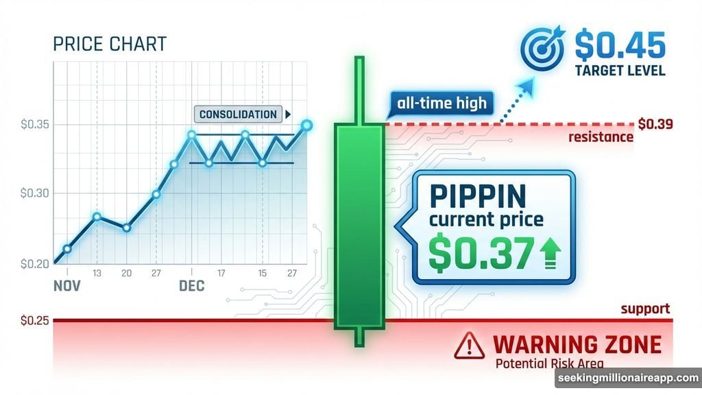 PIPPIN trades at $0.37 sitting barely 5% below its $0.39 all-time high