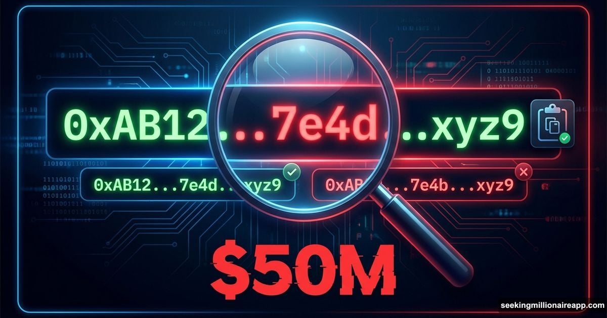 Magnifying glass revealing two nearly identical crypto wallet addresses