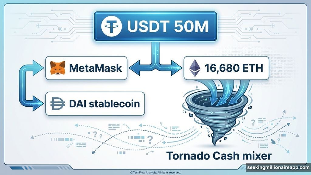 Attacker converts USDT to DAI to ETH then uses Tornado Cash mixer