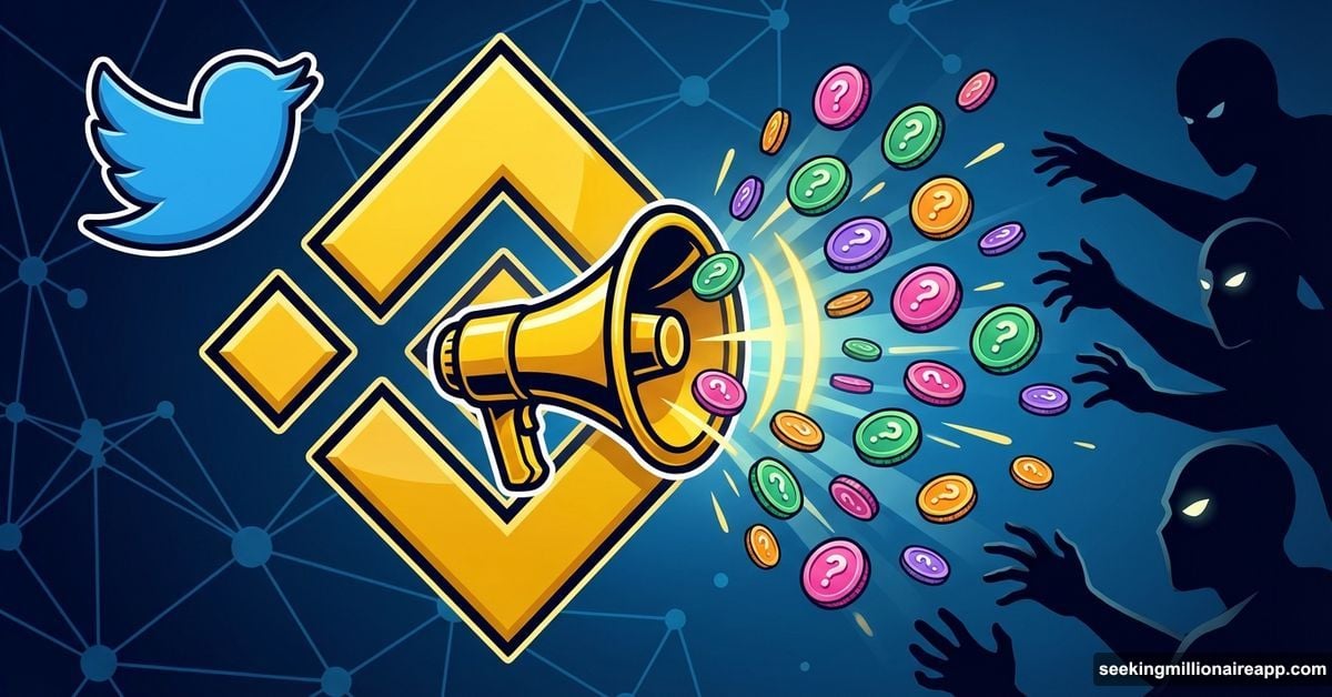 Binance logo with megaphone spawning suspicious meme coins and tokens