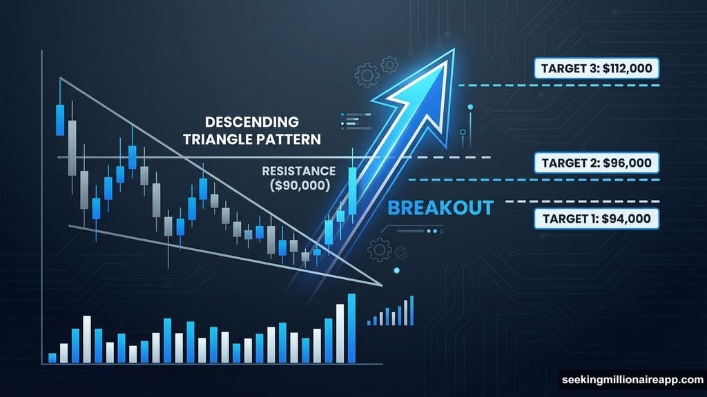 Bitcoin breaks descending triangle pattern above ninety thousand dollars