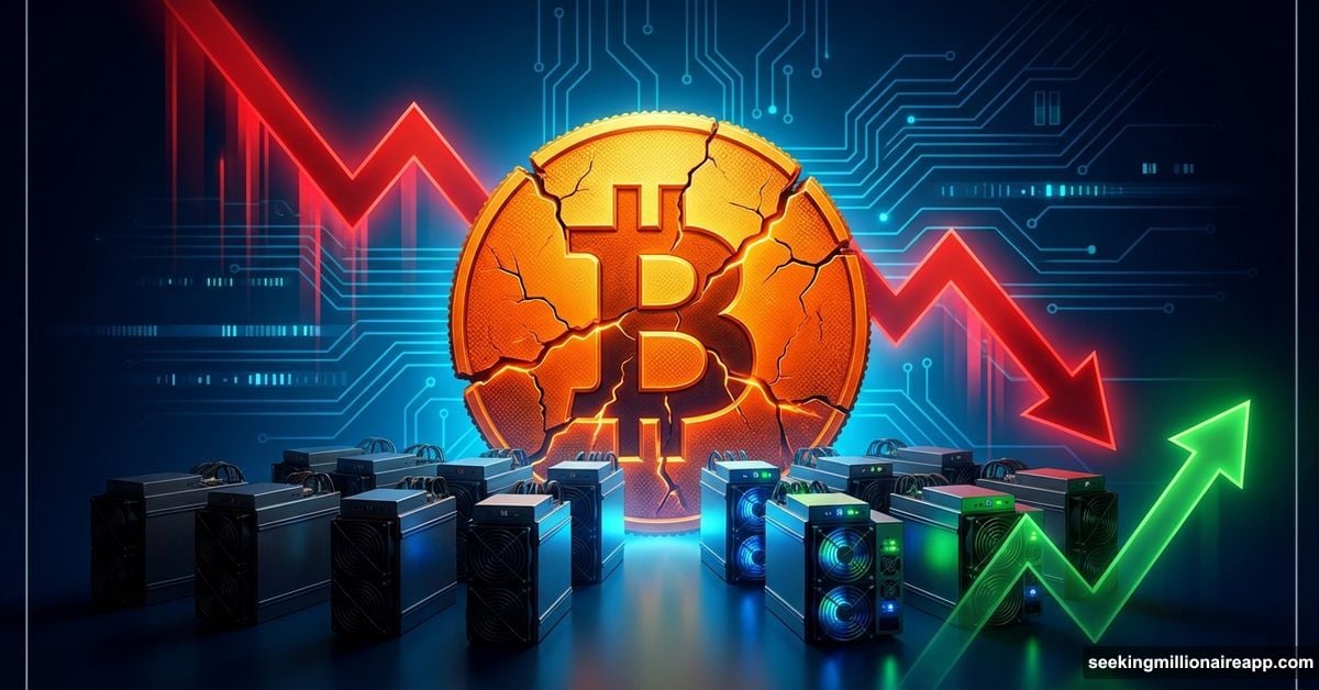 Cracked Bitcoin coin with declining hash rate graph and mining rigs