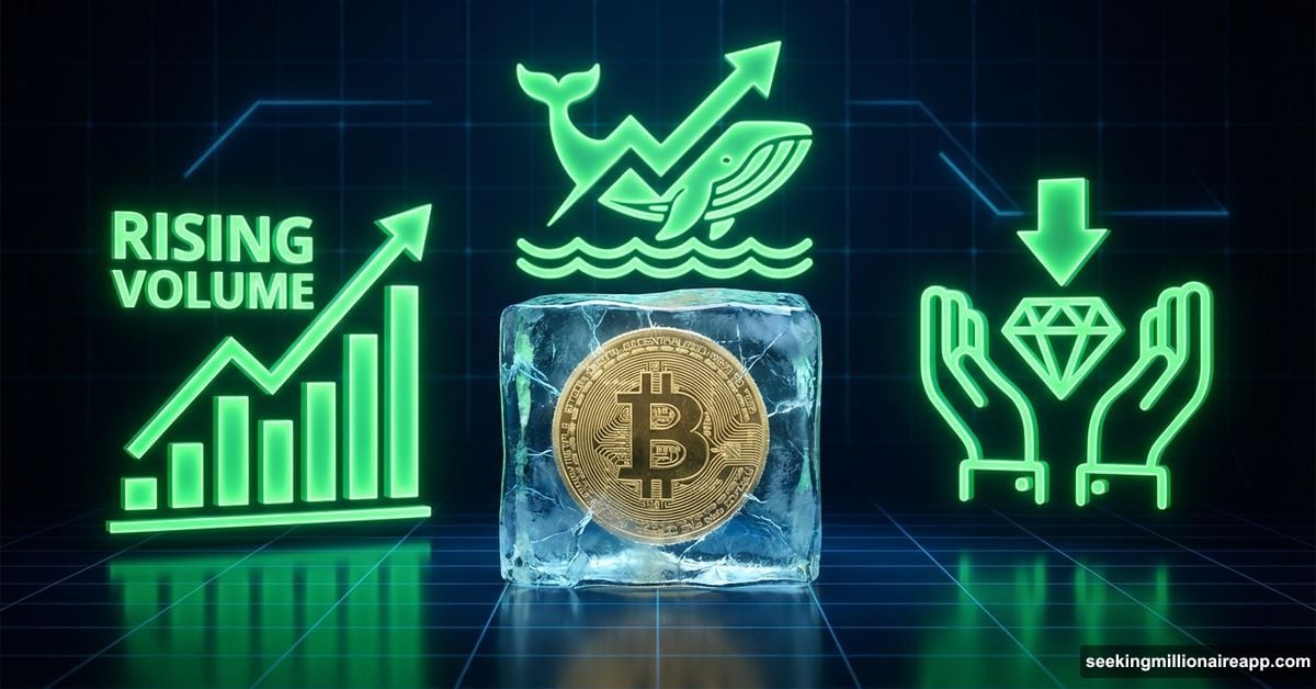 Bitcoin coin frozen at center surrounded by three glowing bullish signals