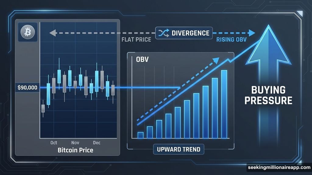 On-Balance Volume divergence shows buying pressure despite flat Bitcoin price