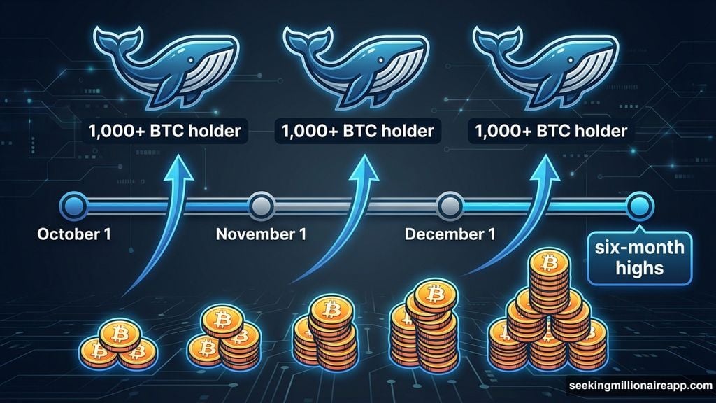 Whale entities holding 1000 BTC continue accumulating near six-month highs