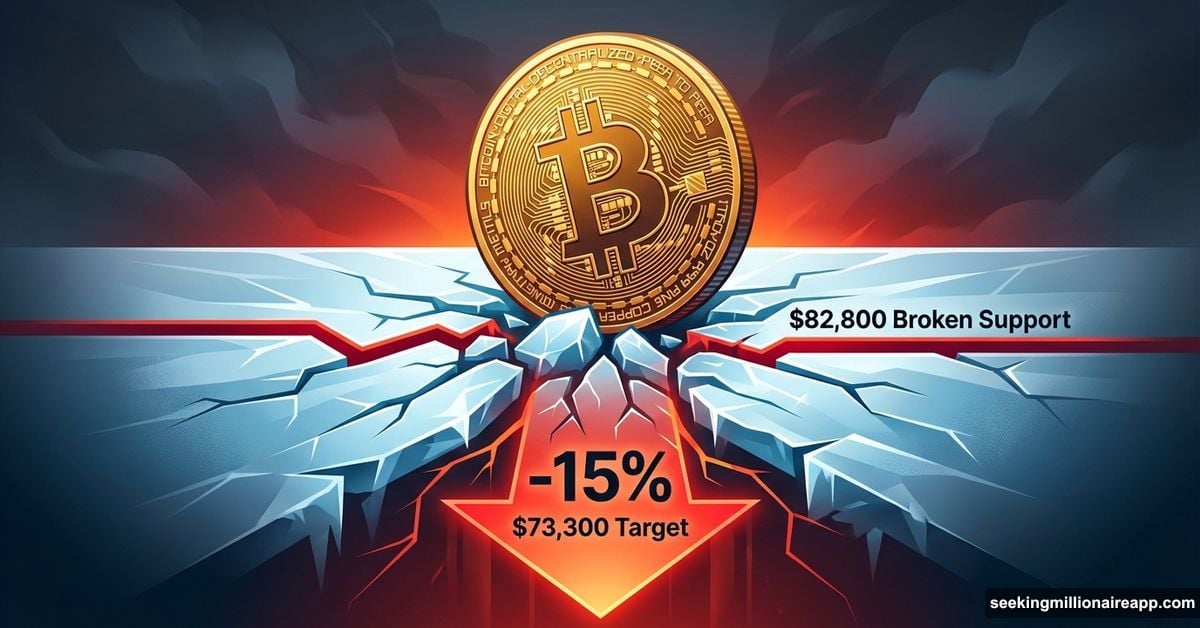 Bitcoin coin balanced on cracking ice above 15% drop indicator