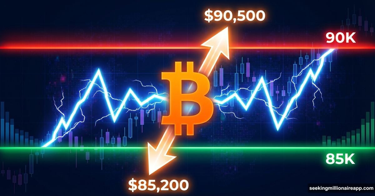 Bitcoin symbol with violent price whipsaw between resistance and support levels