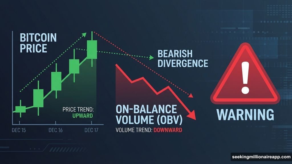 OBV tracks volume confirmation showing bearish divergence before Bitcoin drop