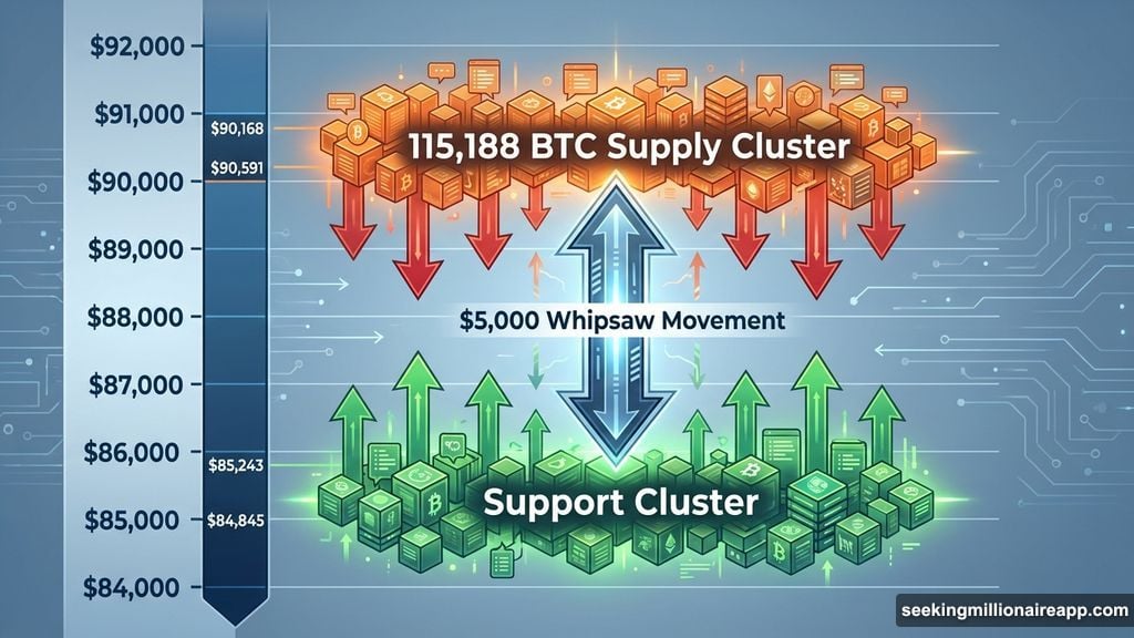 Supply cluster at $90,500 rejected price while support at $85,200 stopped collapse