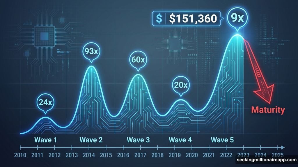 Bitcoin's five growth waves show declining returns from 2010 to 2025