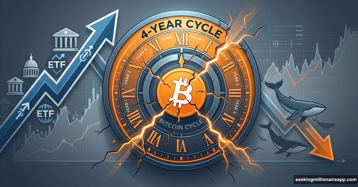 Broken Bitcoin four-year cycle clock with institutional buying and whale selling