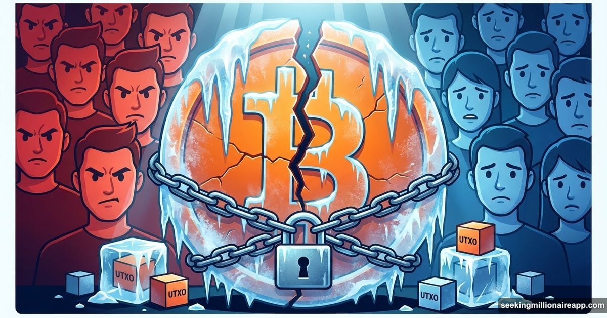 Cracked frozen Bitcoin coin with padlock surrounded by divided community