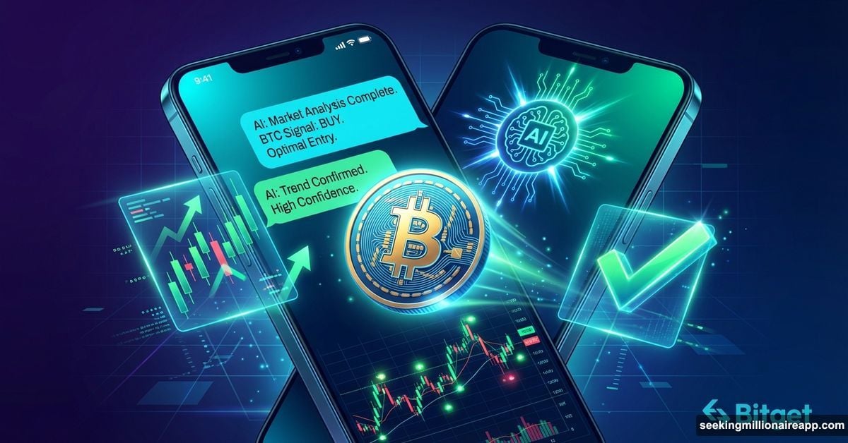 Smartphone with AI chat interface executing cryptocurrency trades automatically