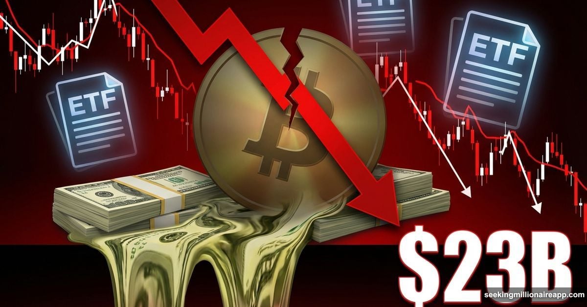 Bitcoin coin pierced by red arrow, money draining away