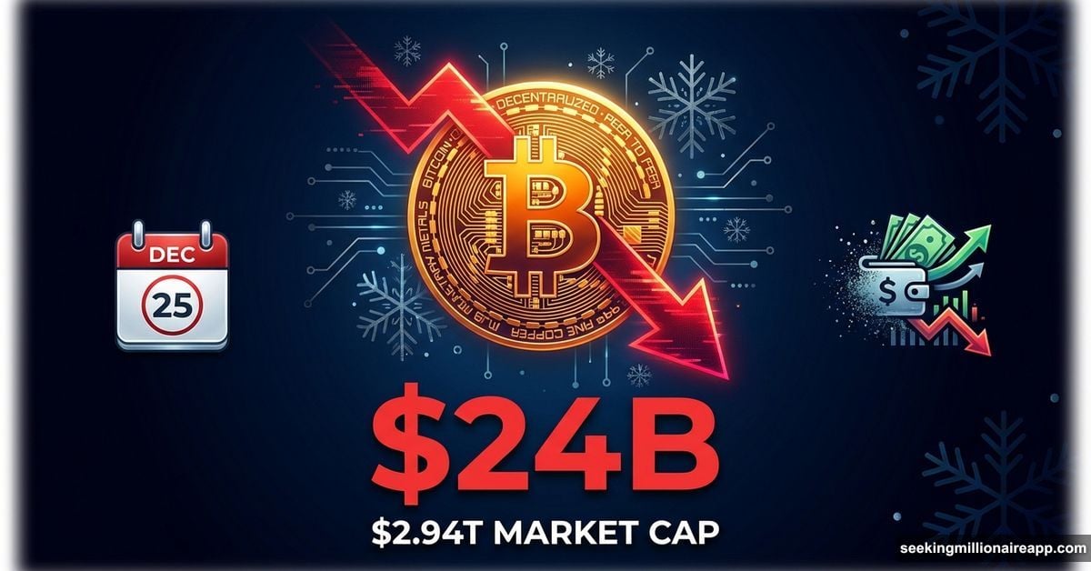 Bitcoin coin with red downward arrow showing $24B crypto market holiday selloff