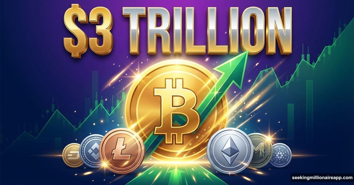 Bitcoin coin with upward arrow breaking through 3 trillion dollar milestone