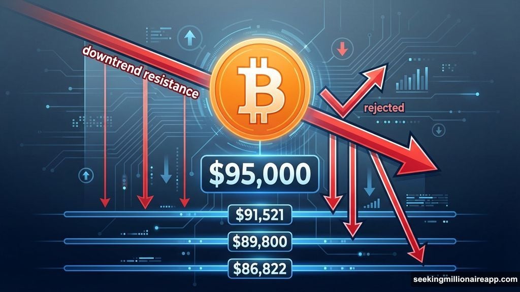 Bitcoin trapped beneath downtrend line facing multiple support breaks