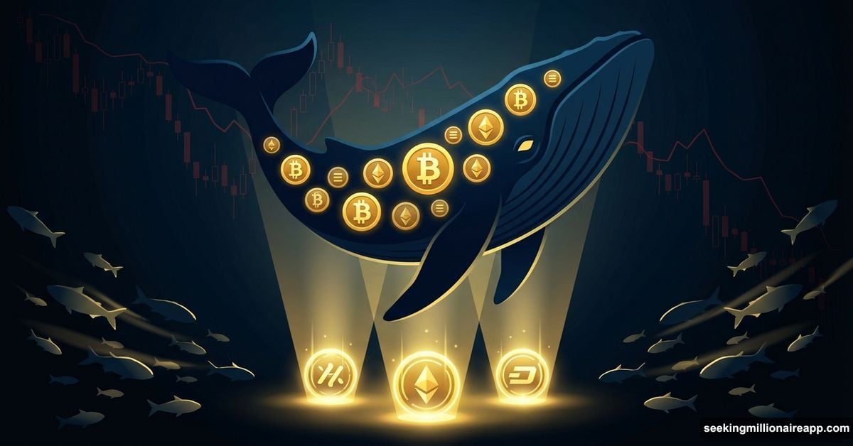 Crypto whale diving toward three glowing altcoins while small fish flee