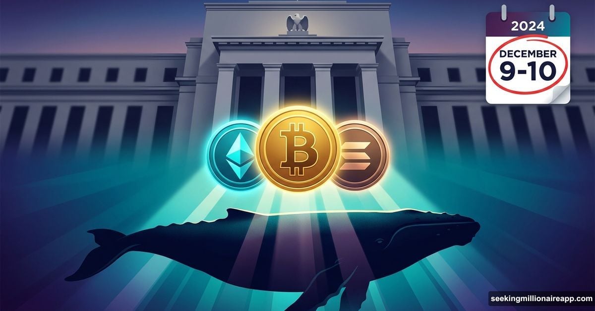 Crypto whale silhouette reaching for three glowing tokens before Federal Reserve building